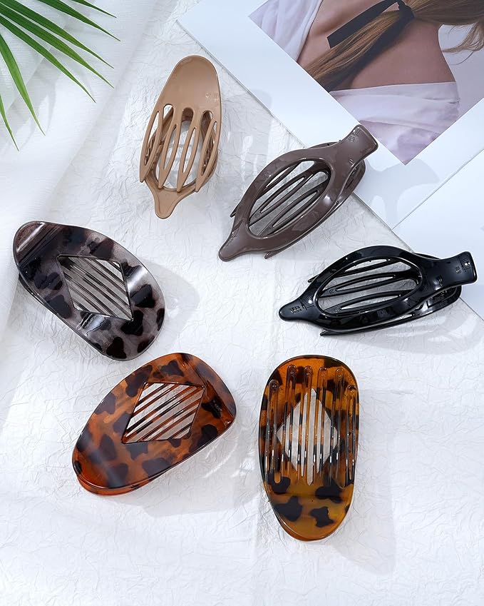 6 PCS French Flat Hair Clips for Women 2 Styles Large Matte Flat Claw Clips Strong Hold No-Slip French Hair Barrettes for Thick Thin Hair(Leopard 2 + Brown 2)