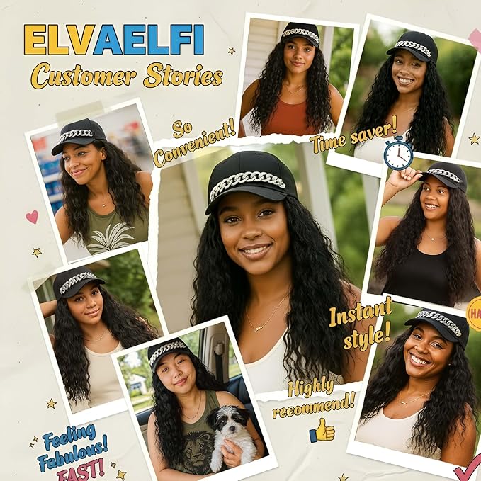 18-Inch Long Black Wig Hat, Synthetic Wavy Curly Wigs, Baseball Cap with Hair Extensions for Women