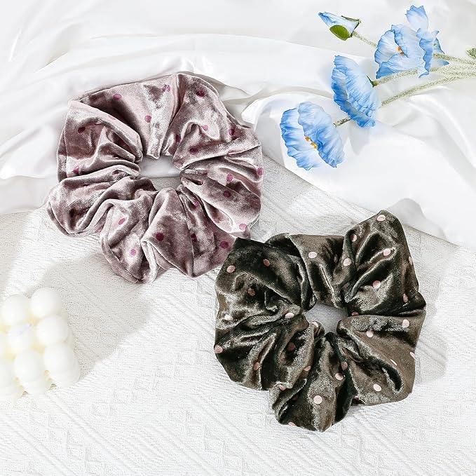 2-Piece Velvet Hair Scrunchies, Big Non Slip Polka Dot Hair Ties for Daily Styling, Parties & Workouts, No Damage Scrunchy Ponytail Holders Hair Accessories for Women & Girls (Pink & Coffee)