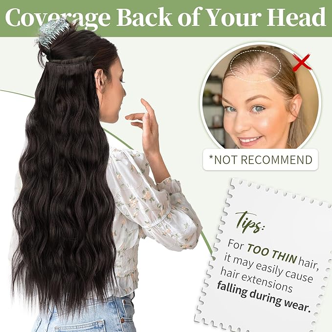 KooKaStyle Invisible Wire Hair Extensions with Transparent Wire Headband Adjustable Size 4 Secure Clips Long Wavy Synthetic Hairpiece for Women (24 Inch Rich Dark Brown with Warm Tones/6#)