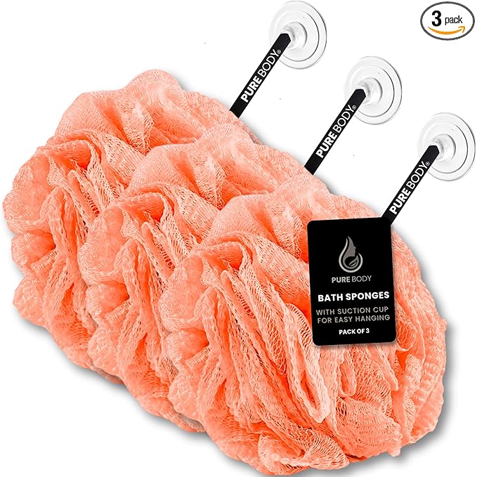 Large Coral Bath Sponge Pack of 3 – Gentle Exfoliation Loofahs with Suction Cup for Easy Drying, Soft 70G Mesh Poufs for All Skin Types, Luxurious Lather for Daily Use
