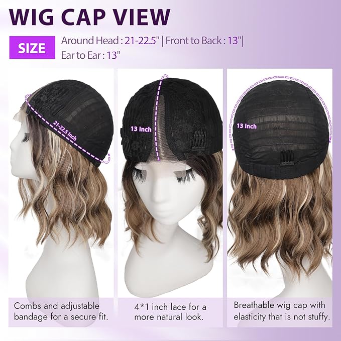 Ombre Light Brown With Blonde Short Wavy Wig for Women Lace Hairline Bob Style Synthetic Heat Resistant - Natural Appearance for Everyday Hairstyle 14 Inch