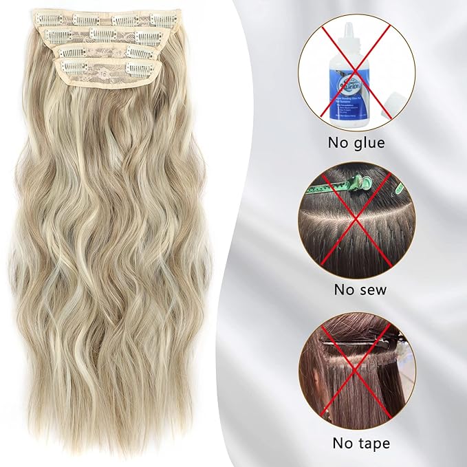 24in Clip In Hair Extensions Blonde For Women Synthetic Clip in Long Wavy Hair Extension Double Weft Hairpieces Full Head For Women (24INCH, 18H613)