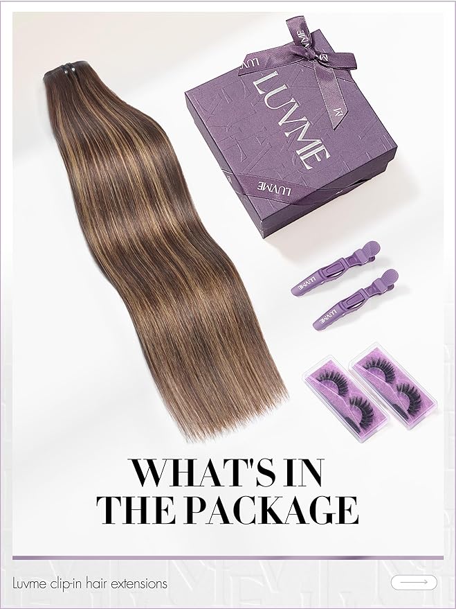 LUVME Clip in Hair Extensions, Straight Seamless 20 Inch 70g 4Pcs Brown Highlights, 100% Real Remy Human Hair, Soft Natural Full Max Invisible Comfortable Clip in Hair Extensions for Women
