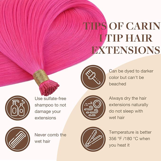 GOO GOO Colored I Tip Hair Extensions, Real Human Hair, 14inch 50g 100S, Cold Fusion I Tip, Invisible Remy, Hot Pink