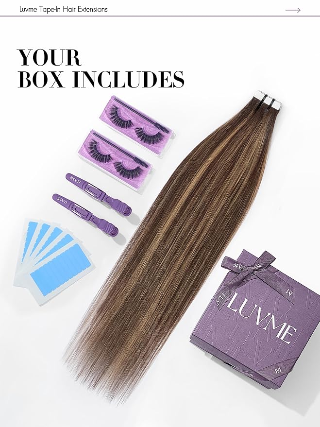 LUVME Invisible Tape in Hair Extensions Human Hair 16 Inch 50g 25pcs Chocolate Caramel Highlight Straight Double Sided Seamless Tape Extensions