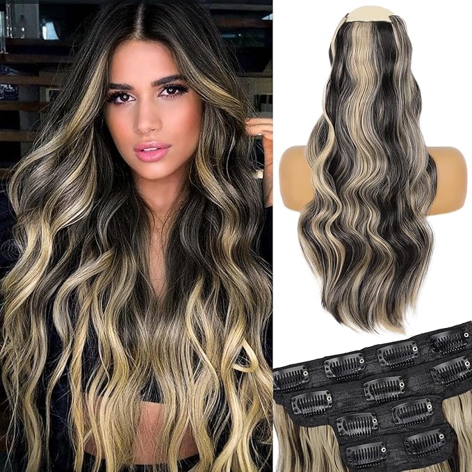 Vigorous Wavy Hair Extension for Women 4Pcs Black Mix Blonde Long Clip in Hair Extensions Soft Synthetic Hairpieces (24 inches, Black Mix Blonde)