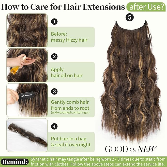 KooKaStyle Invisible Wire Hair Extensions with Transparent Wire Adjustable Size 4 Secure Clips Long Wavy Secret Synthetic Hairpiece for Women(24 Inch P6A/26#Chestnut Brown with Blonde Highlights)