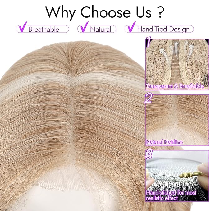 Honey Blonde Mix Platinum Blonde Short Wavy Wig for Women Lace Hairline Bob Style Synthetic Heat Resistant - Natural Appearance for Everyday Hairstyle 14 Inch