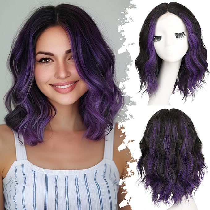 Black Mix Purple Short Wavy Wig for Women Lace Hairline Bob Style Synthetic Heat Resistant - Natural Appearance for Everyday Hairstyle 14 Inch