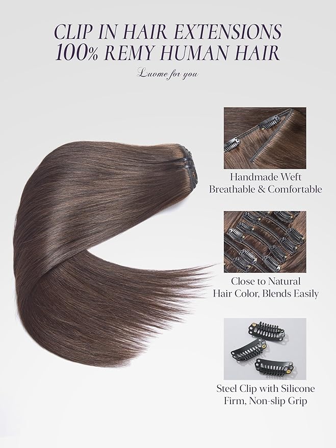 LUVME Handmade Weft Clip in Hair Extensions Human Hair 18 Inch 120g 7pcs Rich Mocha Brown Straight Double Weft Seamless Clip-ins for Full Coverage
