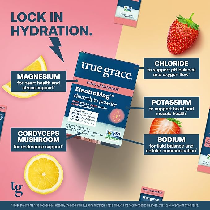 True Grace ElectroMag - 16 Stick Packs, Pack of 2 - Pink Lemonade - Electrolyte Powder for Rapid Hydration - Sodium, Potassium, Magnesium & Cordyceps - Zero Sugar & Carbs - Non-GMO - 32 Total Servings