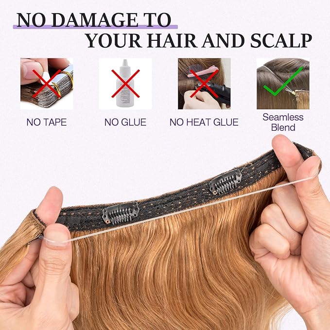 Halo Hair Extensions Real Human Hair,Halo Hair Extension 100% Human Hair,Wire Hair Extensions,Wavy 27 Dark Blonde 65g/18inch
