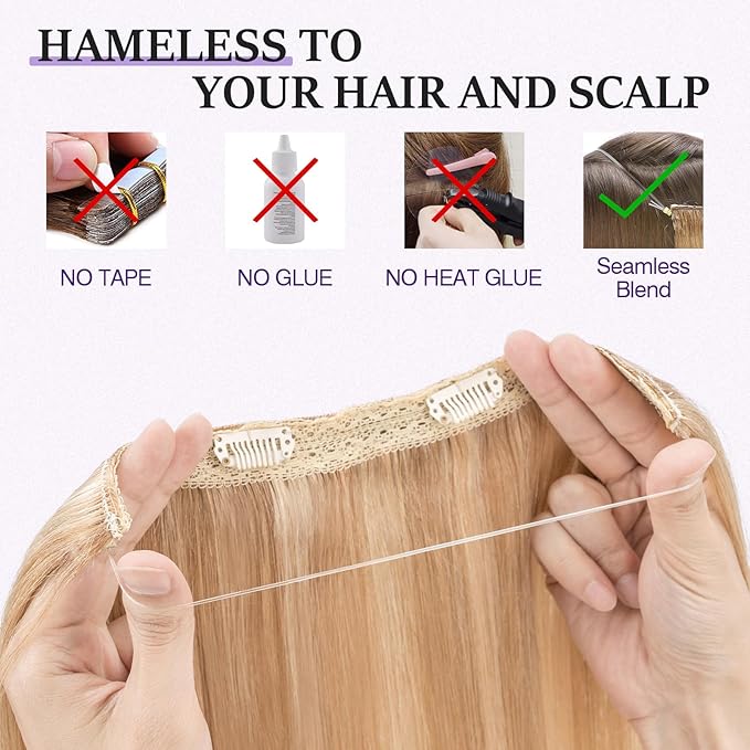 Halo Hair Extensions Real Human Hair,Halo Hair Extension 100% Human Hair,Wire Hair Extensions,Thicker 12P613 Golden Brown Mixed Bleach Blonde 18 inch/80g