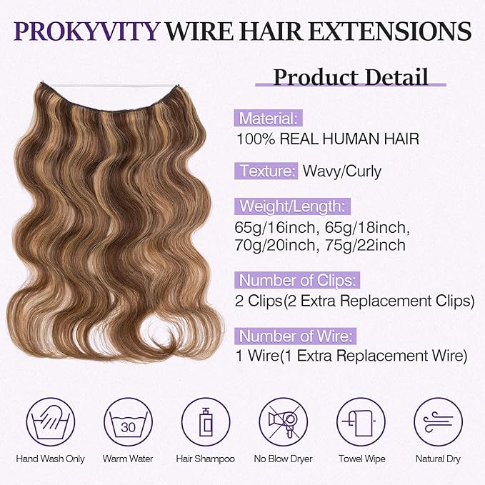 Halo Hair Extensions Real Human Hair,Halo Hair Extension 100% Human Hair,Wire Hair Extensions,Wavy 4P27 Medium Brown Mixed Dark Blonde 65g/18inch
