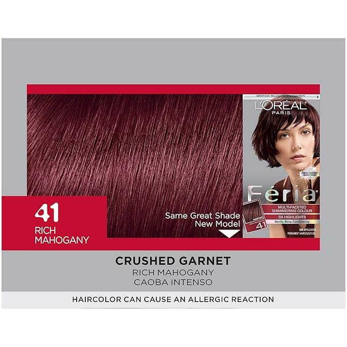 L'Oreal Paris Feria Multi-Faceted Shimmering Permanent Hair Color, 41 Crushed Garnet (Rich Mahogany), Pack of 1, Hair Dye