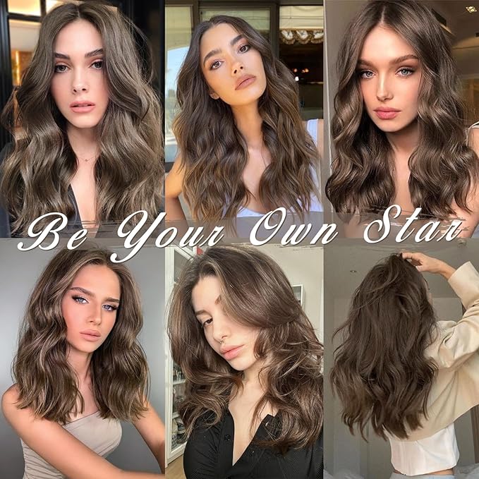 BARSDAR Wavy Golden Chestnut Brown Clip in Hair Extensions - 14 Inch Short Wavy Clip in Hair Extensions for Women - 5PCs Thick Soft Synthetic Voluminous Easy Wear Brown Hairpieces Daily Party