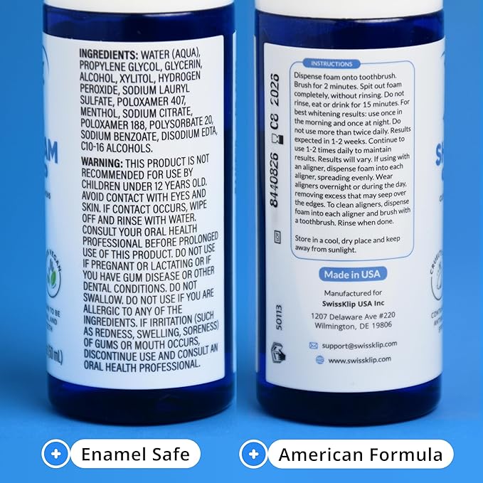 Swissker by Swissklip ShineFoam | Teeth Whitening Foam | Mint Flavor Whitening Toothpaste | Teeth Whitener I Professional Teeth Whitening Kit | 100% Vegan - Made in USA - 1.69 oz - Pack 1