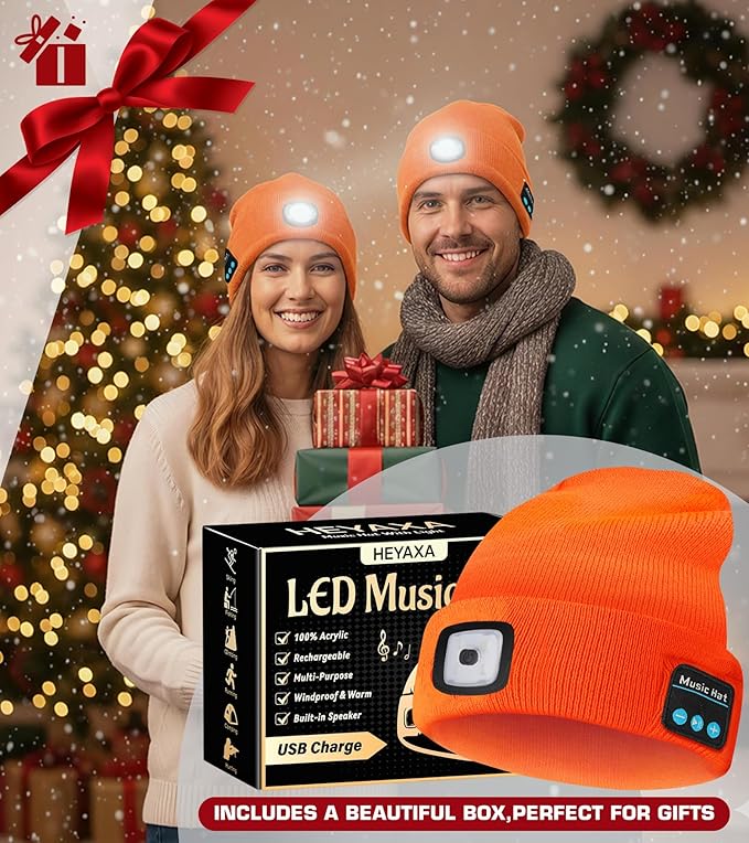 Bluetooth Beanie Hat, USB Rechargeable 4 LED Wireless Music Running Headlamp Cap, Gifts for Christmas, Stocking Stuffer & White Elephant Gifts for Men, Women, Him, Her