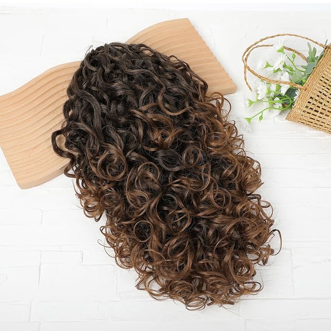 Flufymooz 100% Pure Protein Ponytail Extension, 18 Inch Curly Claw Clip Ponytail Hair Extensions Natural Soft pony tail hairpiece for women-Dark Almond Brown with Copper