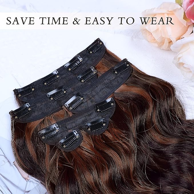 NAYOO Clip in Hair Extensions for Women 14 Inch Short Wavy Curly Auburn Mix Chestnut Hairpieces Full Head Synthetic Hair Hairpieces(6PCS,Auburn Mix Chestnut)