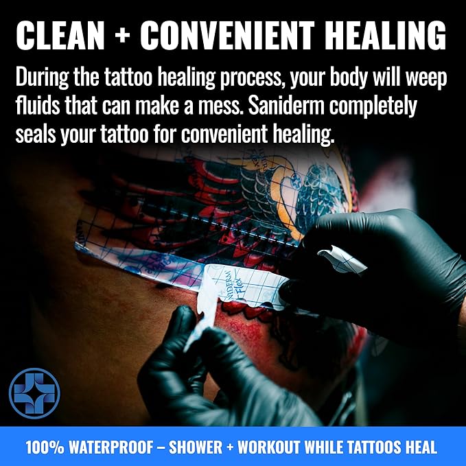 Saniderm - Flex Tattoo Aftercare Bandage - Ultra-Flexible, Waterproof, Sterile Tattoo Wrap for Fast, Clean Healing - (3 Sheets, 8"x10")