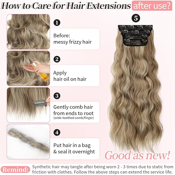 KooKaStyle Clip in Hair Extensions Long Wavy 4PCS Thick Hairpieces Synthetic Ash Blonde Balayage Fiber Double Weft Natural Hair Extensions for Women 24 Inch Daily Use