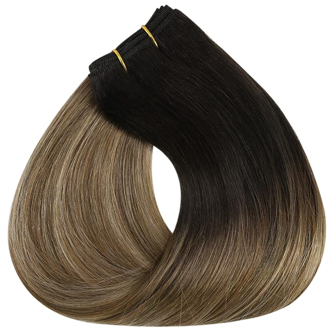 Full Shine Weft Hair Extensions Remy Hair Invisible Sew In Hair Extensions Real Human Ombre Human Hair Bundles For Women 20 Inch 105G Soft Silky Hair