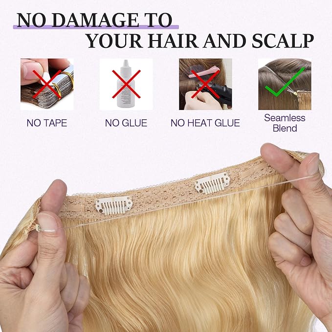 Halo Hair Extensions Real Human Hair,Halo Hair Extension 100% Human Hair,Wire Hair Extensions,Wavy 613 Bleach Blonde 20inch/70g