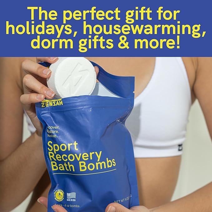 Zensah Sport Recovery Bath Bombs - Magnesium Epsom Salt for Soaking Sore Muscles, Christmas Stocking Stuffers, Made in USA with Essential Oils, Peppermint and Eucalyptus Relaxation for Athletes