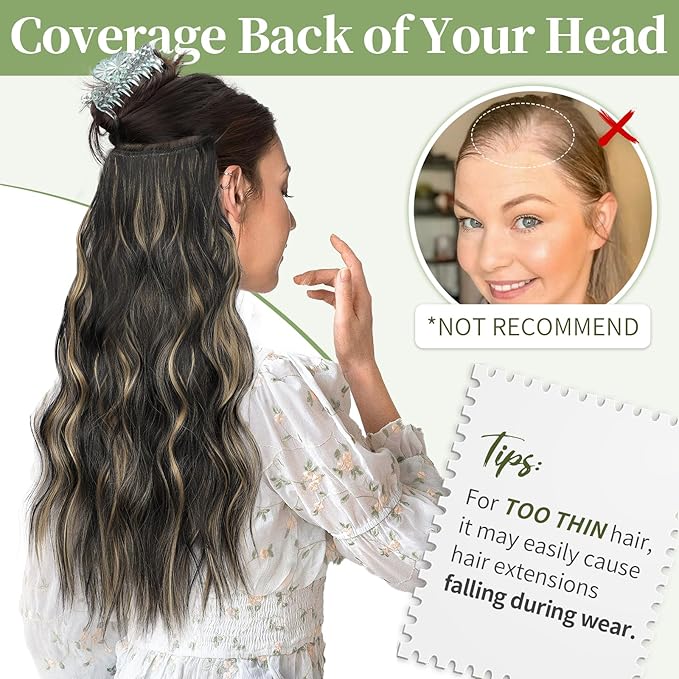 KooKaStyle Invisible Wire Hair Extensions with Transparent Headband Adjustable Size 4 Secure Clips Long Wavy Secret Wire Hairpiece 20 Inch for Women(Black with Blonde Highlights)