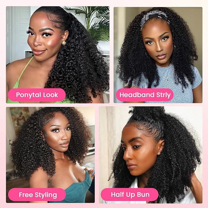 WOWANGEL Kinky Curly Half Wig Human Hair 180% Density Flexi-Fit Invisi 3 in 1 Wigs Flip Drawstring Wig Glueless Wear and Go Headband Wig 100% Human Hair for Women, Natural Black, 26 Inch