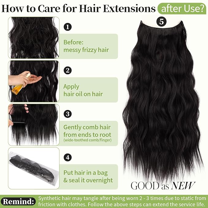 KooKaStyle Invisible Wire Hair Extensions with Transparent Headband Adjustable Size 4 Secure Clips Long Wavy Secret Wire Hairpiece for Women(24 Inch Natural Black)