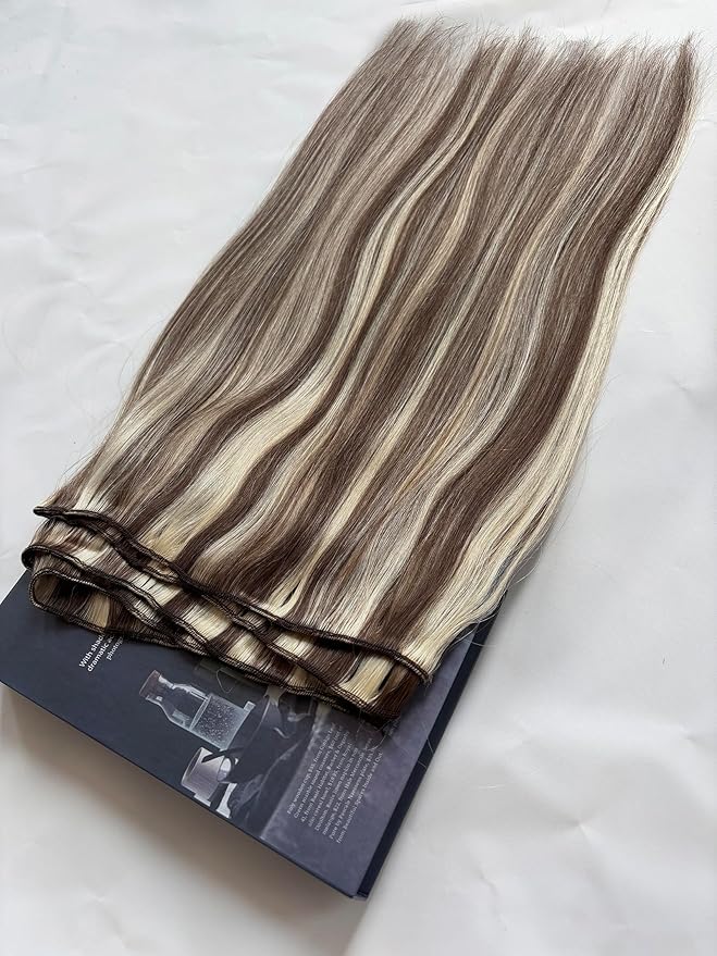 Blonde Highlights Sew in Hair Extensions Real Human Hair Bundles Medium Brown Mix Bleach Blonde Highlight Hair Wefts Hand Tied Sew in Human Hair Extensions 22 Inch 120G
