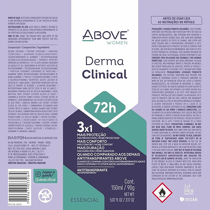 ABOVE 72H Whole Body Spray Deodorant for Women – Derma Clinical(4 Pack) – Aluminum Free Antiperspirant Deodorant Spray – Long-Lasting Protection, No Stains, Vegan, Cruelty-Free, Rose & Musk Scent