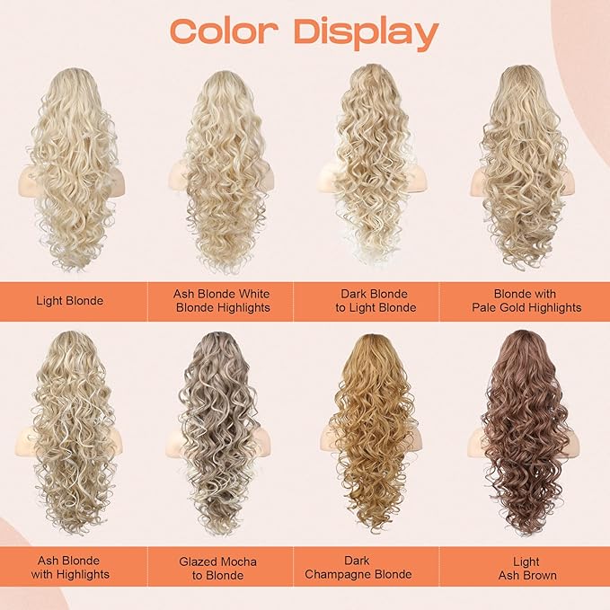 SEIKEA Ponytail Extension, 24" Fluffy Long Wavy Curly Claw Clip Hair Extensions Ponytail Multi-layered Clip in Fake Pony Tails Natural Soft Synthetic Hairpiece Blonde with Pale Gold Highlights