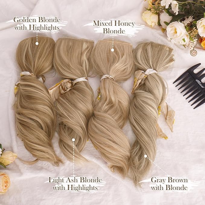 BARSDAR 12 Inch Wavy Honey Blonde Clip in Hair Extensions - 6PCs Short Wavy Honey Blonde Clip in Hair Extensions for Women - Full Head Thick Soft Synthetic Curly Hairpieces Daily Party
