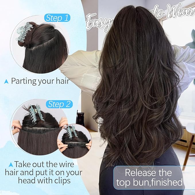 KooKaStyle Invisible Wire Hair Extensions Long Wavy Layered Synthetic with Transparent Headband Adjustable Size 6 Secure Clips Hairpieces for Women (20 Inch, Light Brown Mix Golden Blonde)