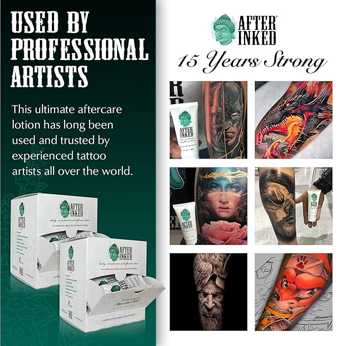 After Inked Tattoo Aftercare Lotion – Moisturizing Balm, As Seen on INK MASTER, Hydrating Cream with Grape Seed Oil, Skin Nourishment & Daily Maintenance, Reclosable Pillow Pack (100-Pack), 7ml
