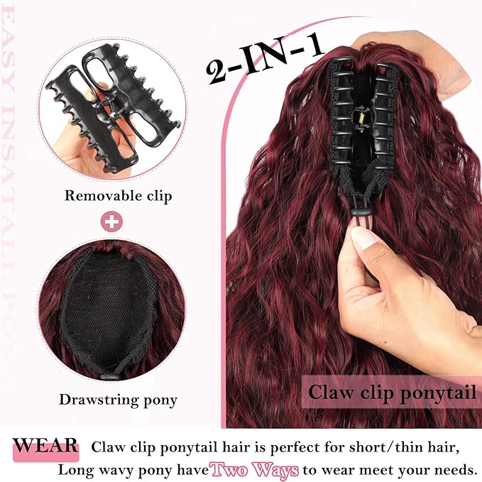 ENBEAUTIFUL 30" Claw Clip Ponytail Extension Long Wavy Ponytail Extension Synthetic Pony Tails Hair Extensions Clip in Hair pieces for Women T1B/bug