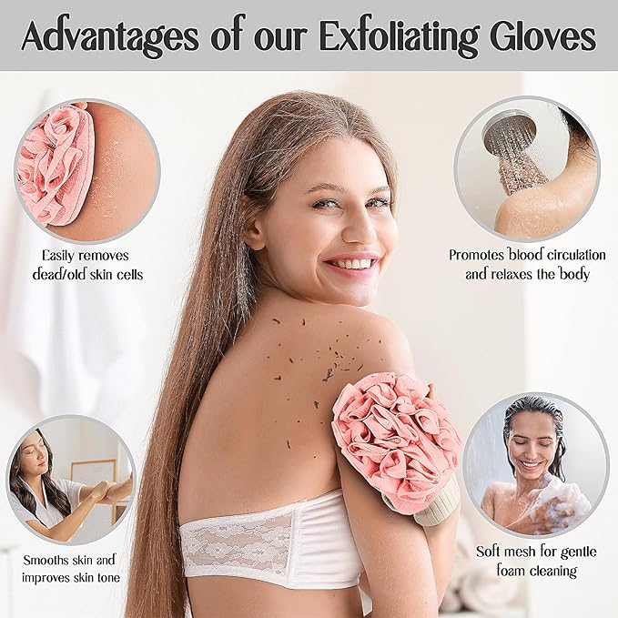 Deep Exfoliating Mitts (2pcs) Double-Sided Gloves for Shower, Body Massage Scrub & Bath Loofah Sponge,Skin Exfoliator, Dead Skin Remover (Pink & Blue)