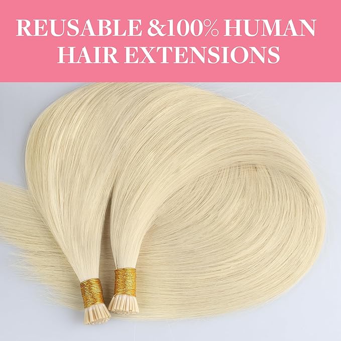 GOO GOO I Tip Hair Extensions, Real Human Hair, 14inch 50g 100S, Cold Fusion, Invisible Remy, 60A Platinum Blonde