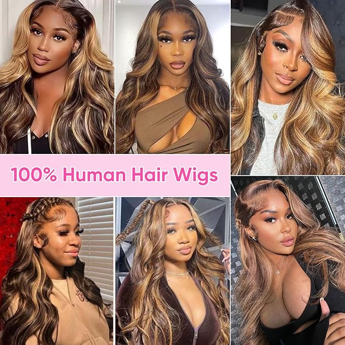 Honey Blonde Ombre 13x6 Lace Front Wig Human Hair 210 Density Highlight Body Wave Lace Front Wigs Human Hair Pre Plucked Glueless Lace Frontal Wig for Women 4/27 Colored 36Inch