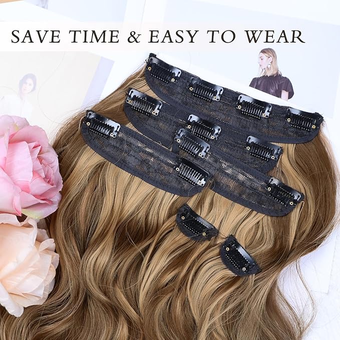 NAYOO Clip in Hair Extensions for Women 14 Inch Short Wavy Curly Brown Mix Blonde Hairpieces Full Head Synthetic Hair Hairpieces (6PCS, Brown Mix Blonde)
