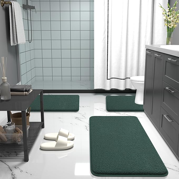 OLANLY Thick Memory Foam Bath Mat Rug 47x20, Extra Soft Absorbent Bathroom Rug, Quick Dry Bath Mats, Non-Slip, Washable Carpet for Bathroom, Tub and Shower, Home Decor Accessories, Blackish Green