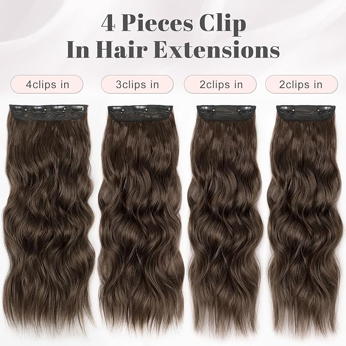 ALXNAN Clip in Hair Extensions for Women,Chocolate Brown with Dark Brown Long Wavy Hair Extensions Clip Ins 4PCS 20 Inch Synthetic Soft and Natural Thick Hair Pieces for Women