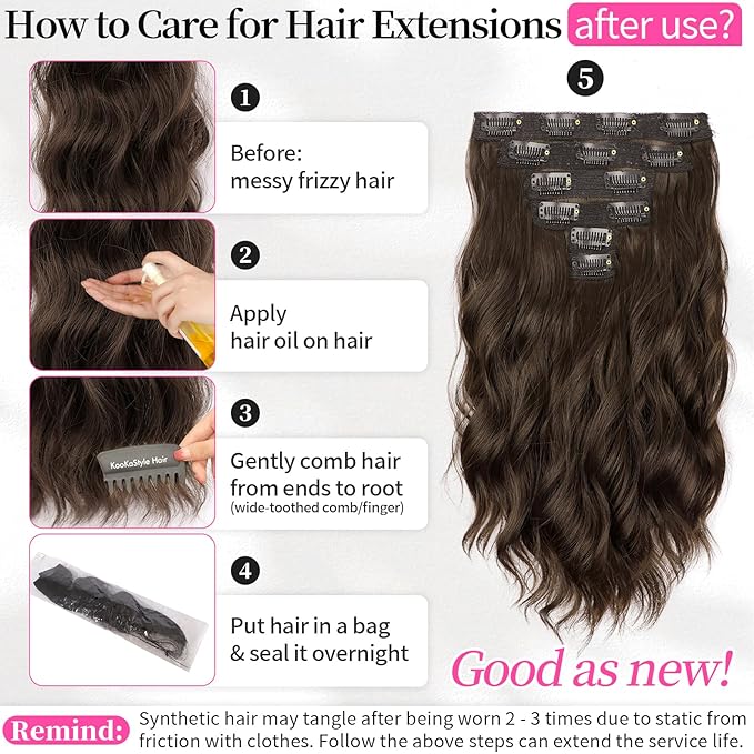 KooKaStyle Short Hair Extensions 6PCS 14 Inch Wavy Curly Hairpieces Synthetic Soft Lace Weft Clip in Hair Extensions-Chestnut Brown for Women