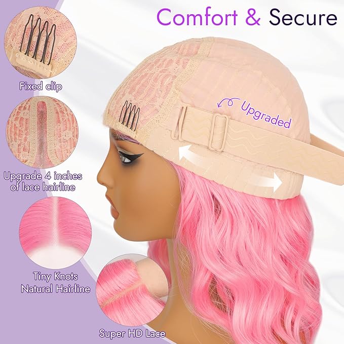 Pink Short Wavy Wig for Women Lace Hairline Bob Style Synthetic Heat Resistant - Natural Appearance for Everyday Hairstyle 14 Inch