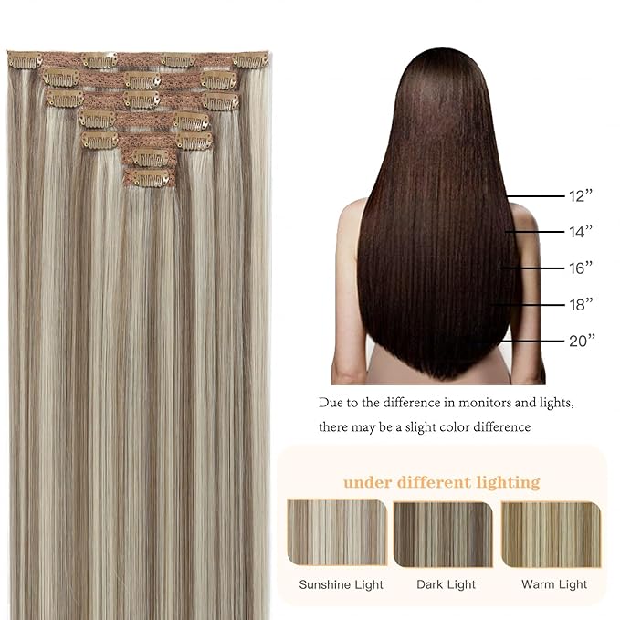 Highlights Clip in Hair Extensions Real Human Hair Ash Brown Highlights Platinum Blonde 100% Remy Human Hair 14 Inch Clip ins Short Hair Extensions Lace Weft 7 pcs 105g