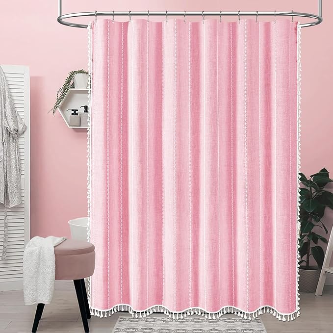 BTTN Boho Farmhouse Shower Curtain - Linen Rustic Heavy Duty Striped Fabric Shower Curtain Set with Tassel, Bohemian Vintage Country Cloth Shower Curtains for Bathroom,Pink,72" W x 96" L (Pack of 1)